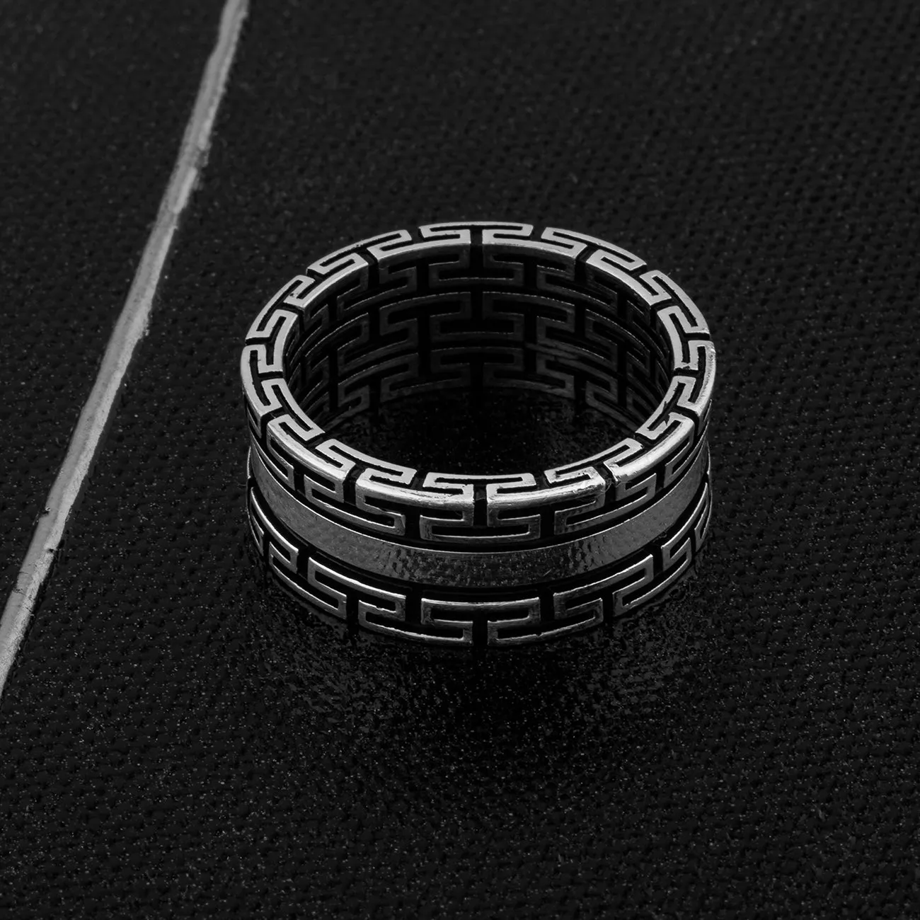 Greek Key Meander Design Sterling Silver Band Ring