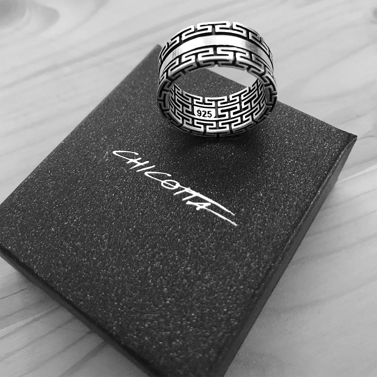 Greek Key Meander Design Sterling Silver Band Ring