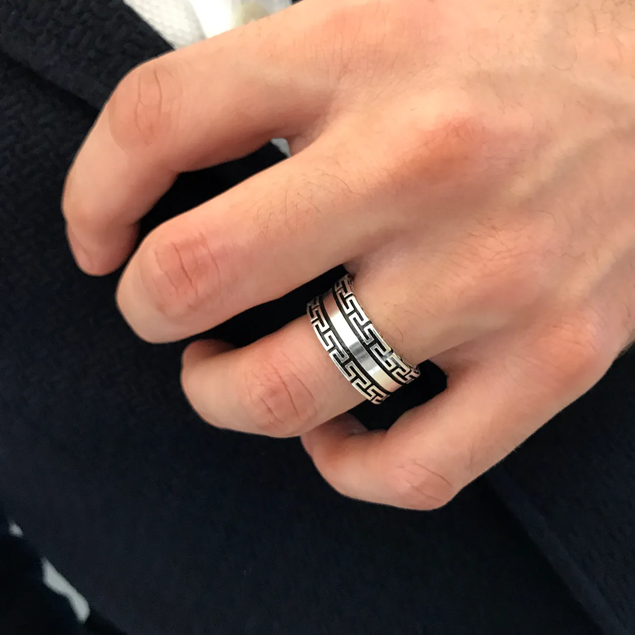 Greek Key Meander Design Sterling Silver Band Ring