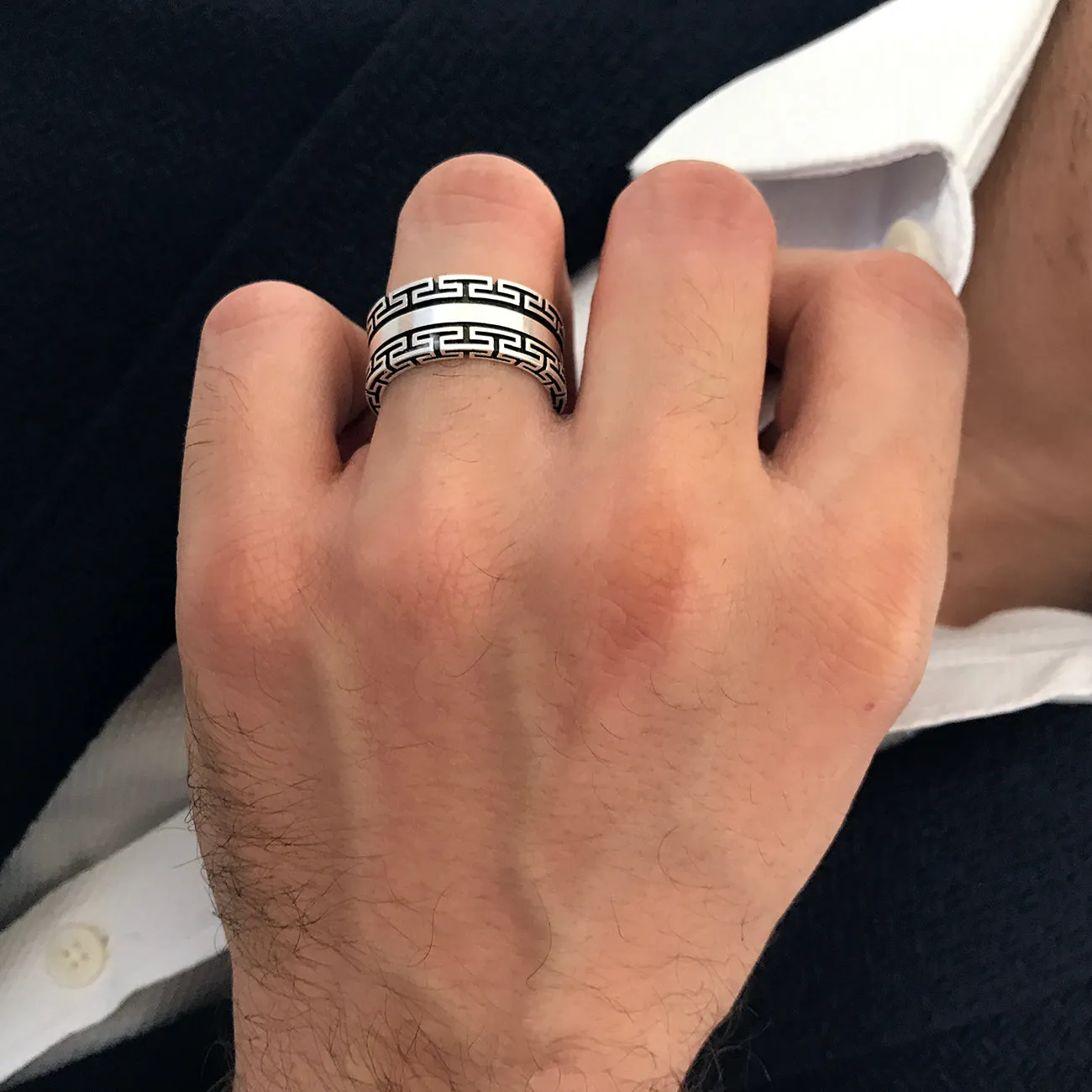 Greek Key Meander Design Sterling Silver Band Ring