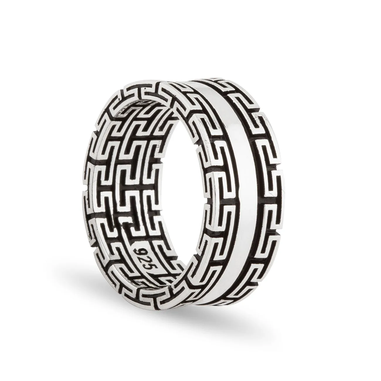 Greek Key Meander Design Sterling Silver Band Ring
