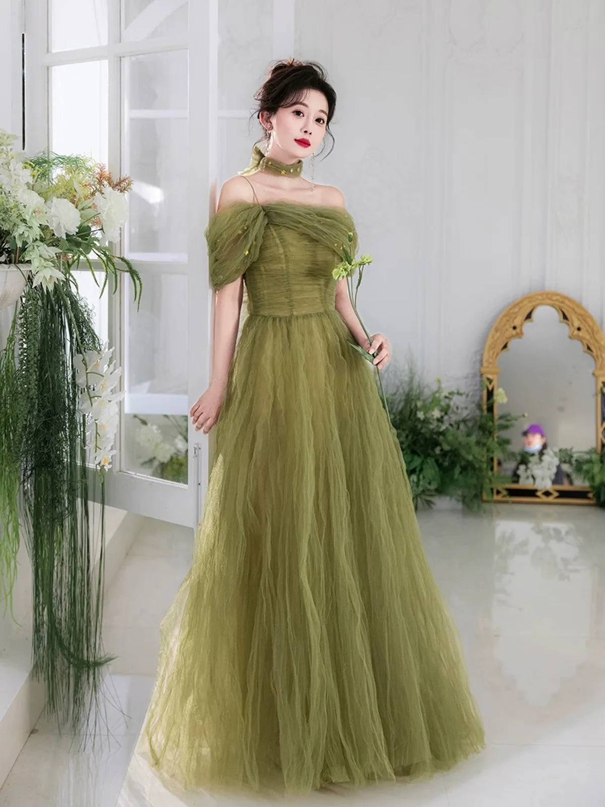Green Beaded A-line Off Shoulder Tulle Formal Dress, Green Long Evening Dress Prom Dress