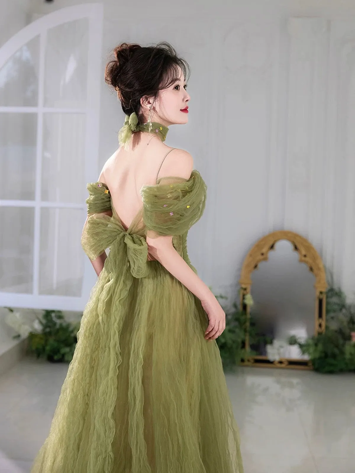 Green Beaded A-line Off Shoulder Tulle Formal Dress, Green Long Evening Dress Prom Dress