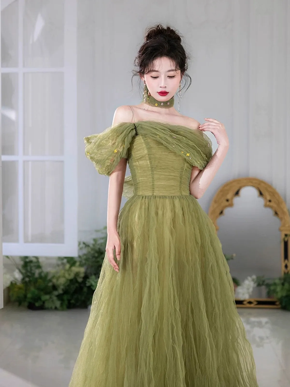 Green Beaded A-line Off Shoulder Tulle Formal Dress, Green Long Evening Dress Prom Dress