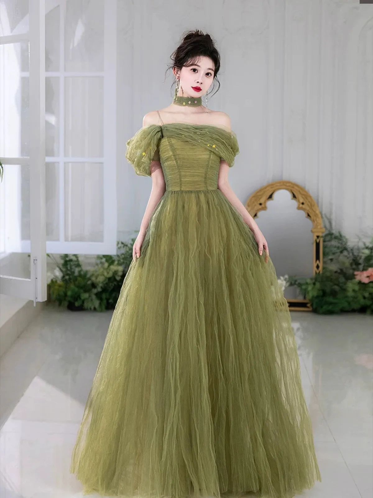 Green Beaded A-line Off Shoulder Tulle Formal Dress, Green Long Evening Dress Prom Dress