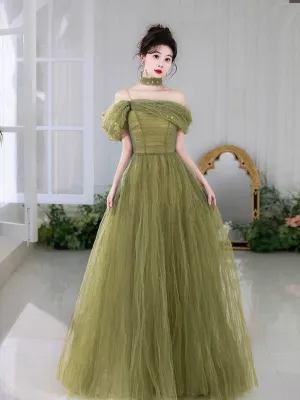Green Beaded A-line Off Shoulder Tulle Formal Dress, Green Long Evening Dress Prom Dress