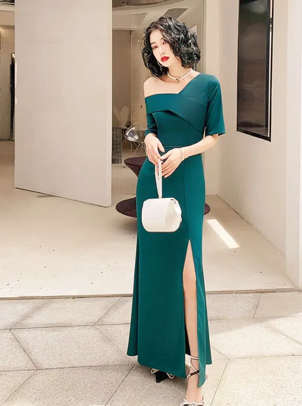 Green One Shoulder Leg Slit Long Evening Dress Prom Dress, Dark Green Bridesmaid Dresses