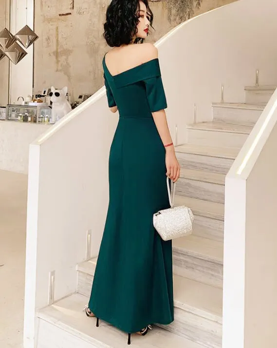 Green One Shoulder Leg Slit Long Evening Dress Prom Dress, Dark Green Bridesmaid Dresses