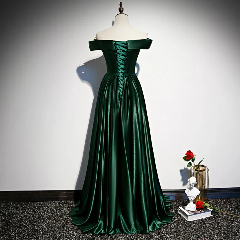 Green Satin with Gold Lace Off Shoulder Long Evening Dress, Green Prom Dresses