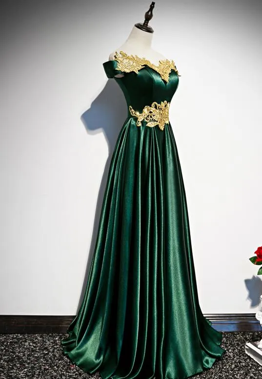 Green Satin with Gold Lace Off Shoulder Long Evening Dress, Green Prom Dresses