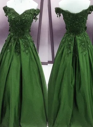 Green Satin with Lace Applique Beaded Floor Length Party Dress, Green Junior Prom Dresses