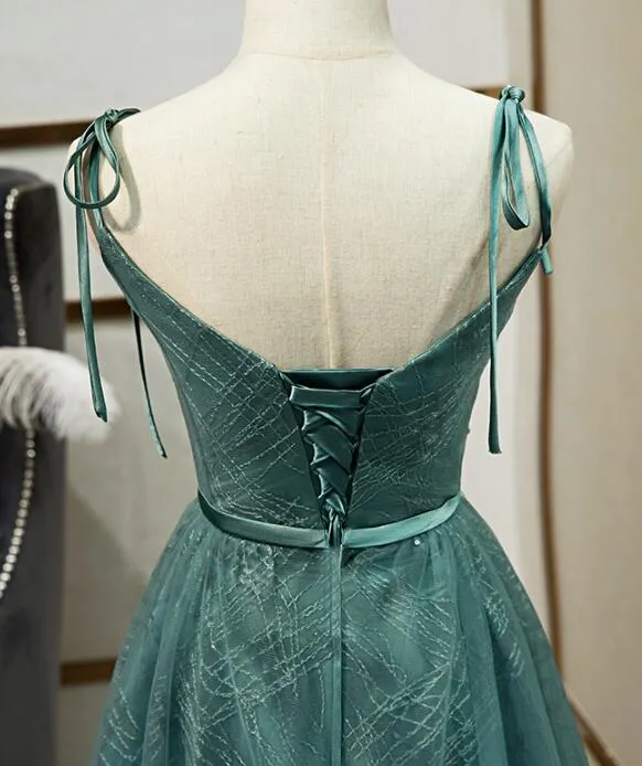 Green Tulle Long Prom Dress, New V-neckline Straps Long Party Dress