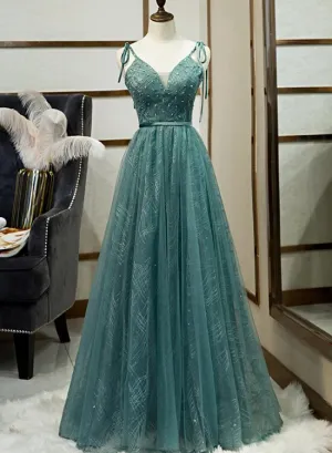 Green Tulle Long Prom Dress, New V-neckline Straps Long Party Dress