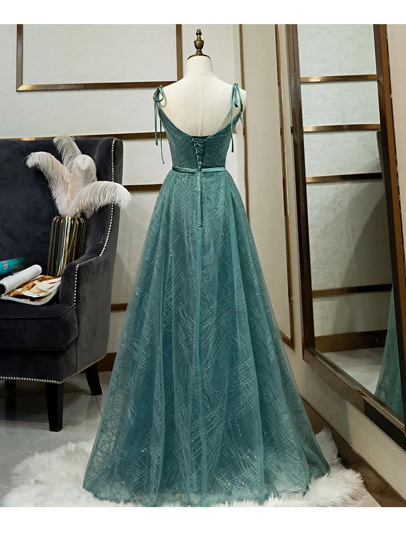 Green Tulle Long Prom Dress, New V-neckline Straps Long Party Dress