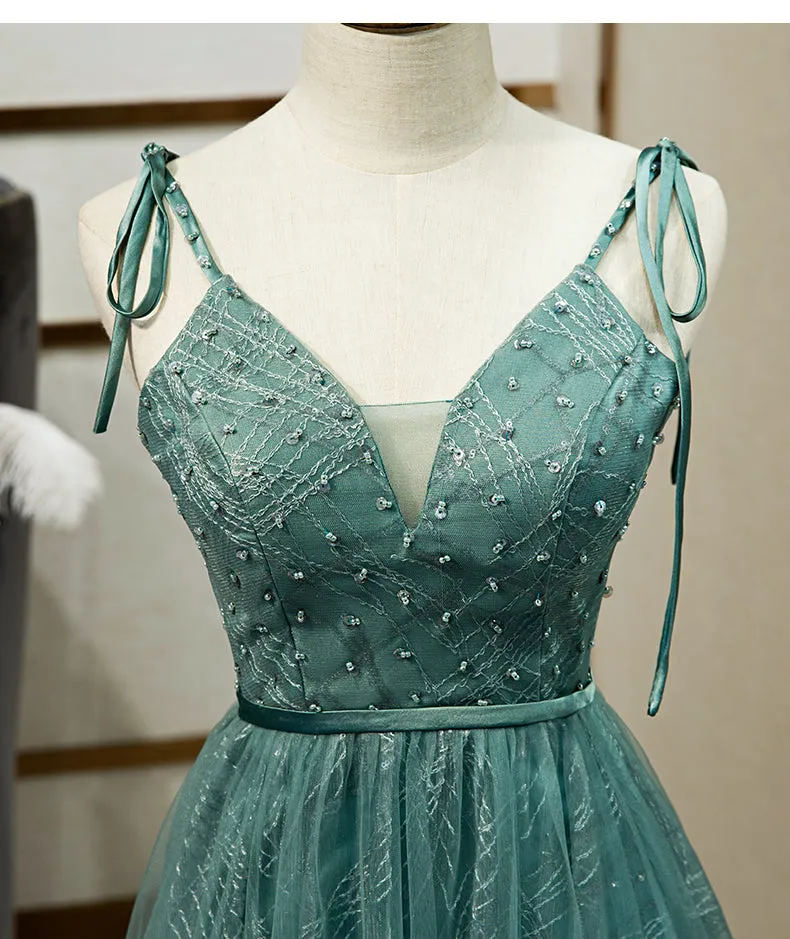 Green Tulle Long Prom Dress, New V-neckline Straps Long Party Dress