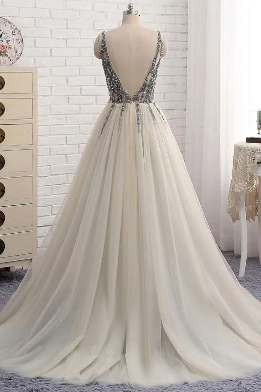 Grey Beaded Tulle V-neckline Prom Dresses, Grey Formal Gowns, Party Dresses