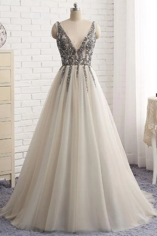 Grey Beaded Tulle V-neckline Prom Dresses, Grey Formal Gowns, Party Dresses