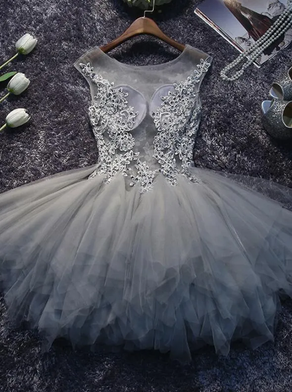Grey Lace and Tulle Homecoming Dresses, Lovely Short Party Dress, Formal Dresses