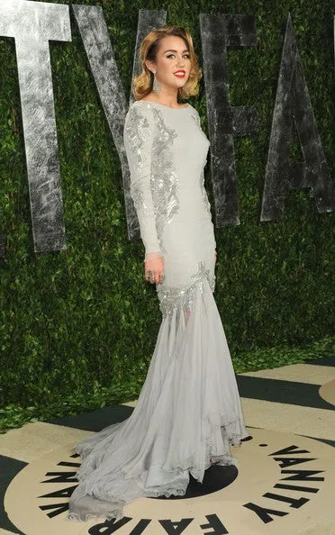 Grey Miley Cyrus Mermaid Long Sleeve Party Dress Sequin Prom Celebrity Formal Dress Vanity Fair Oscar