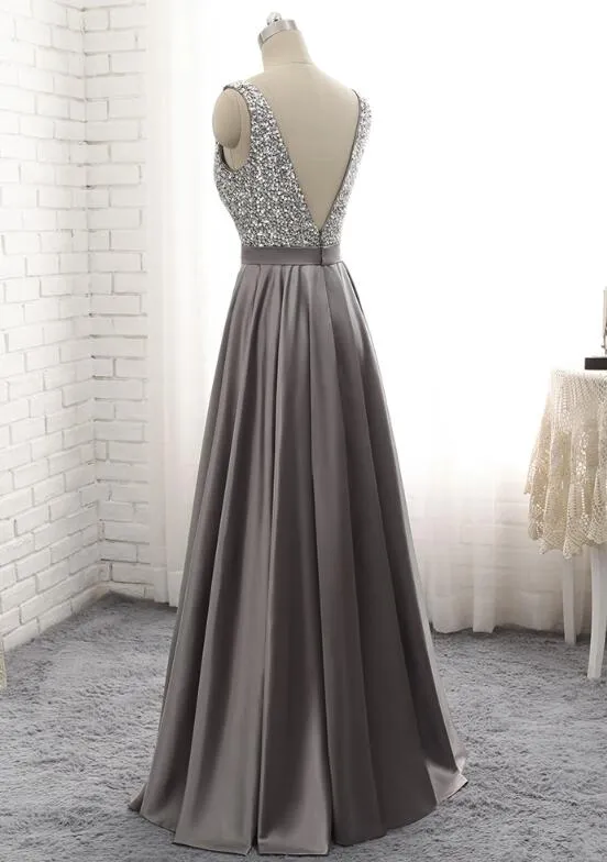 Grey Satin Long Beaded Junior Prom Dress, Beautiful Prom Gown