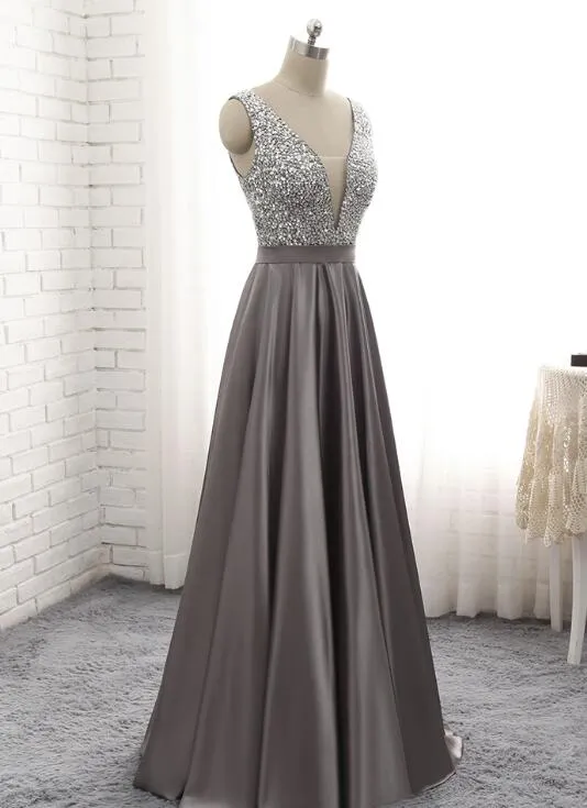 Grey Satin Long Beaded Junior Prom Dress, Beautiful Prom Gown