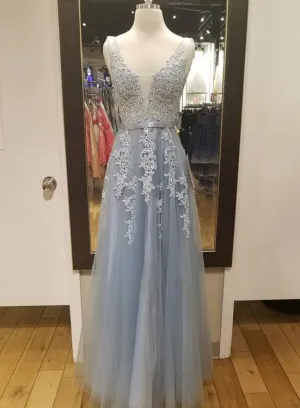 Grey Tulle Prom Gown , V-neckline Tulle Formal Dress, Junior Party Dresses
