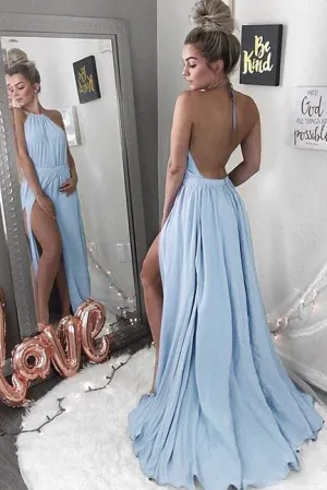 Halter Blue Backless Chiffon Sexy Long Prom Dress with Slit OK851