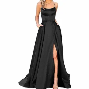 Halter Satin Bridesmaid Dress Long Side Spilt Backless Satin Formal Prom Evening Gowns