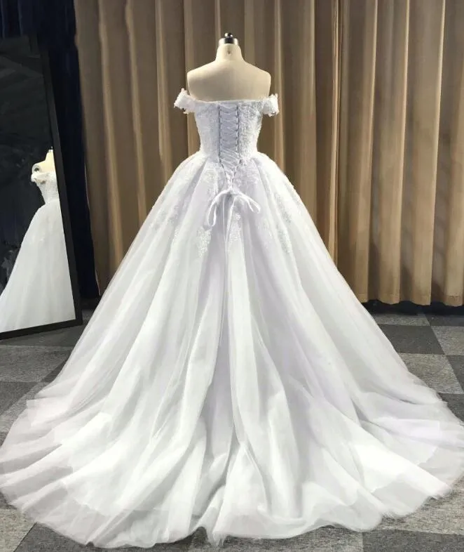 High Quality Handmade Tulle Off Shoulder White Formal Dress, White Bridal Gowns, Party Dresses