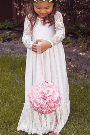 Ivory A-Line Long Sleeves Jewel Bowknot Lace Floor-Length Flower Girl Dresses OK708