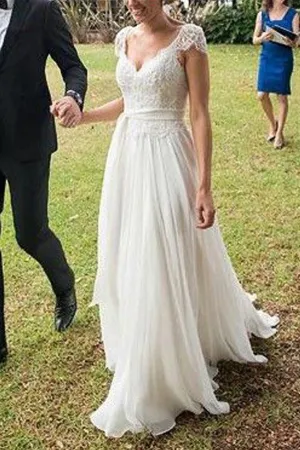 Ivory Cap Sleeves Lace Open Back Elegant BeachWedding Dress Bridal Bridal,SW62