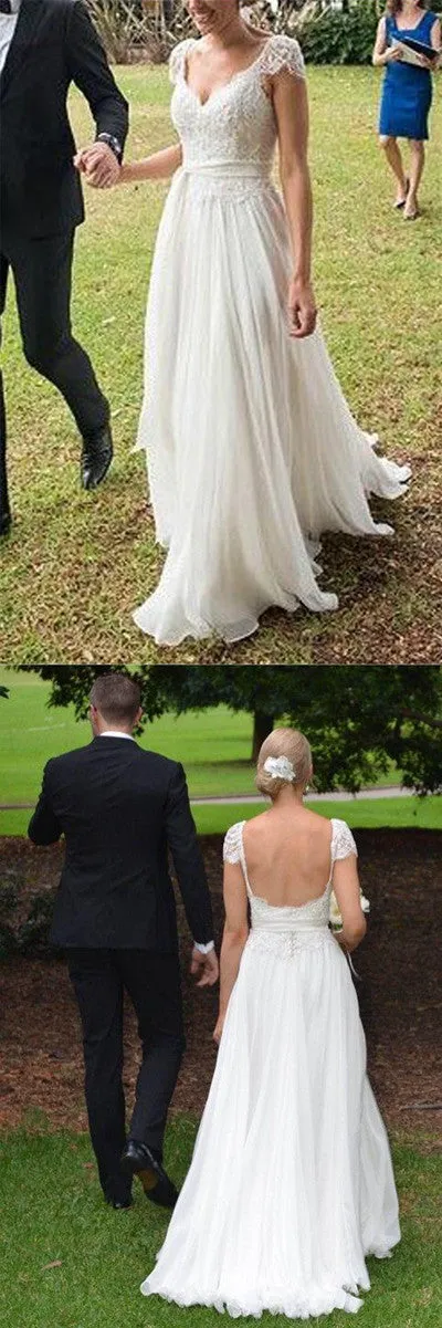 Ivory Cap Sleeves Lace Open Back Elegant BeachWedding Dress Bridal Bridal,SW62