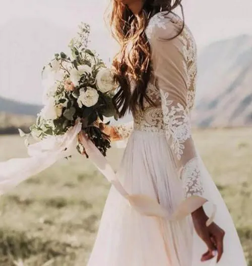 Ivory Long Sleeve Lace Wedding Dresses Appliqued Beach Wedding Dress, SW174