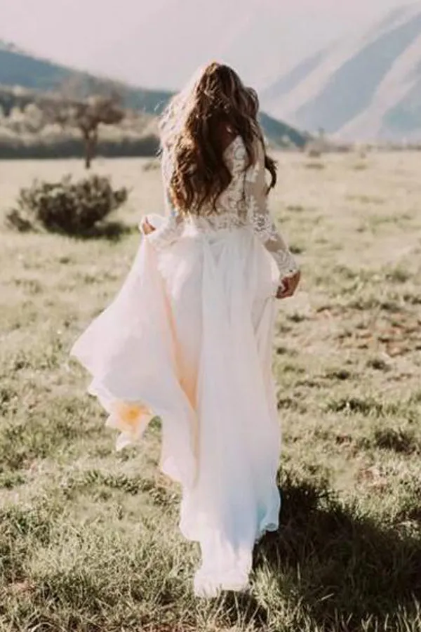 Ivory Long Sleeve Lace Wedding Dresses Appliqued Beach Wedding Dress, SW174