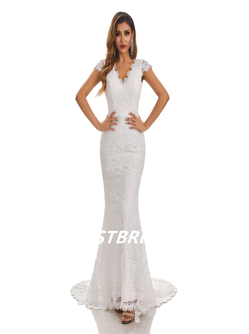Ivory Mermaid V-Neck Backless Handmade Lace Wedding Dresses, WDY0184