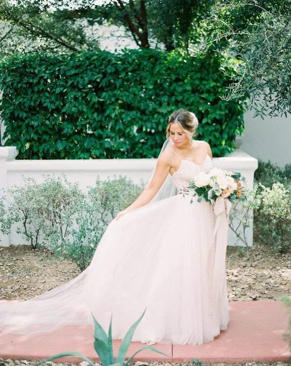 Ivory Tulle Beaded Spaghetti Strap Long Wedding Dresses with Train, SW189