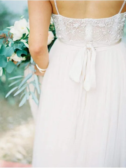 Ivory Tulle Beaded Spaghetti Strap Long Wedding Dresses with Train, SW189