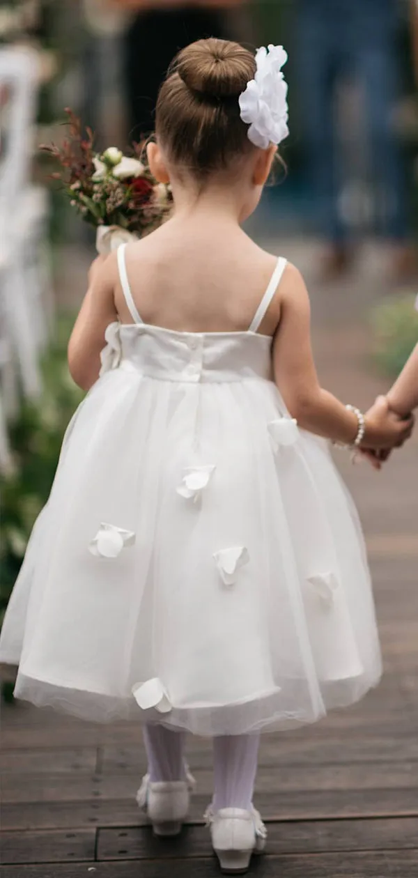 Ivory Tulle Handmade Flowers Applique Spaghetti Strap Flower Girl Dresses, FGS140