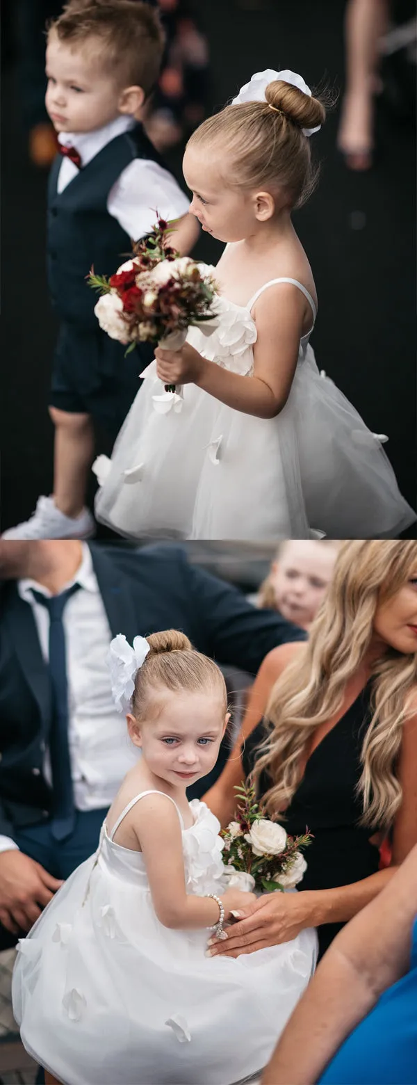 Ivory Tulle Handmade Flowers Applique Spaghetti Strap Flower Girl Dresses, FGS140
