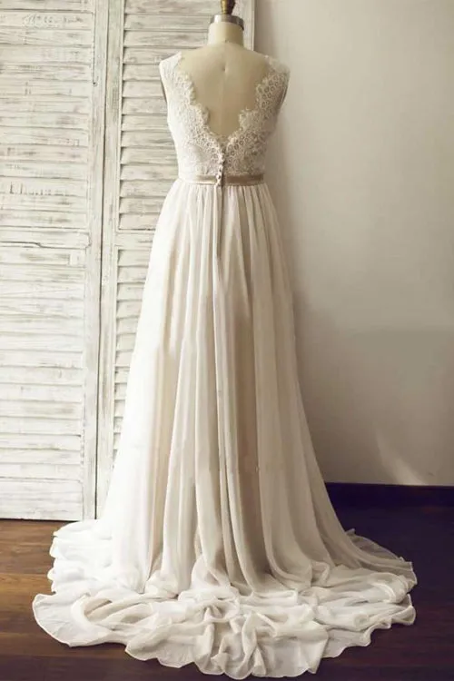 Ivory V-neck Sleeveless Open Back Sweep Train Wedding Dress with Lace Sash, SW154