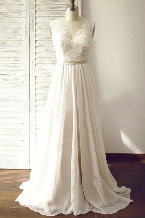 Ivory V-neck Sleeveless Open Back Sweep Train Wedding Dress with Lace Sash, SW154