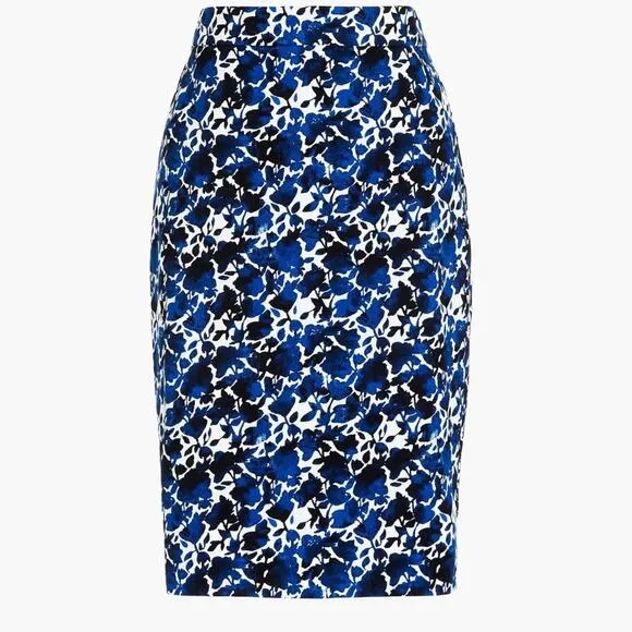 J. Crew Womens Pencil Skirt Printed Stretch Cotton Sateen Blue White Floral 20
