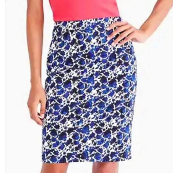 J. Crew Womens Pencil Skirt Printed Stretch Cotton Sateen Blue White Floral 20