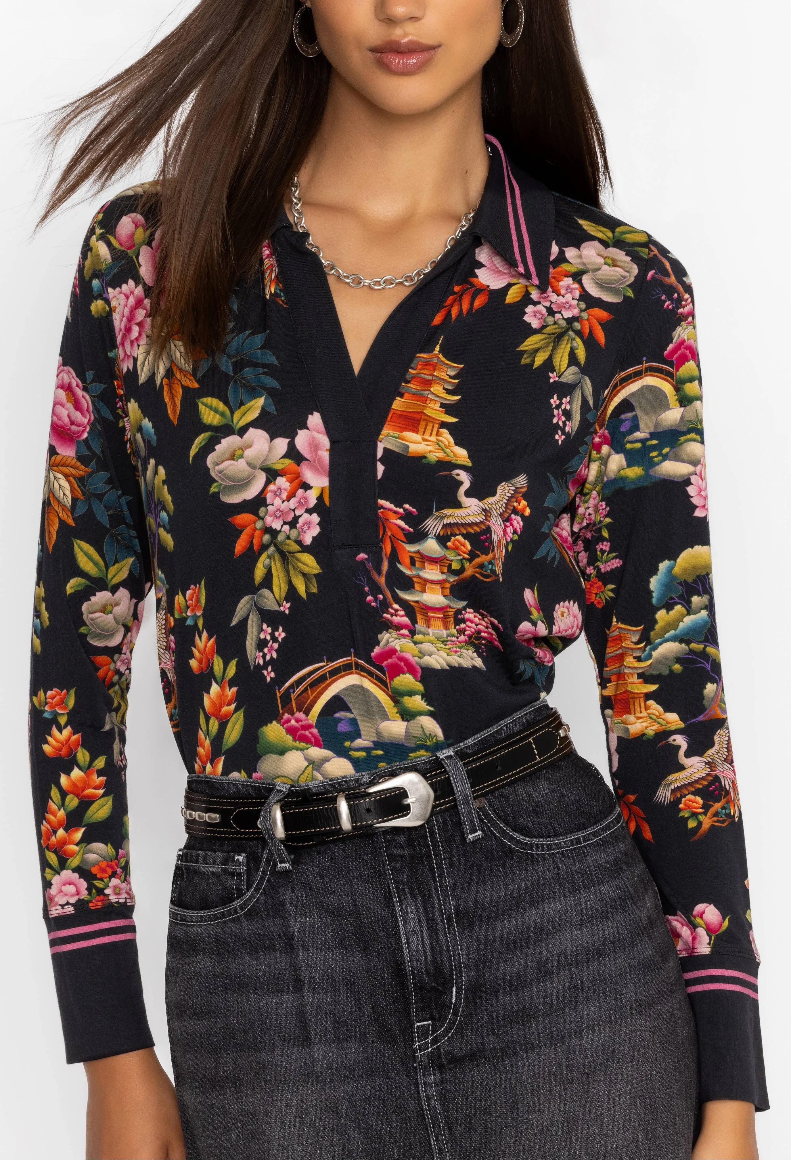Johnny Was Janie Favorite Split Front Collared Henley Soundbath