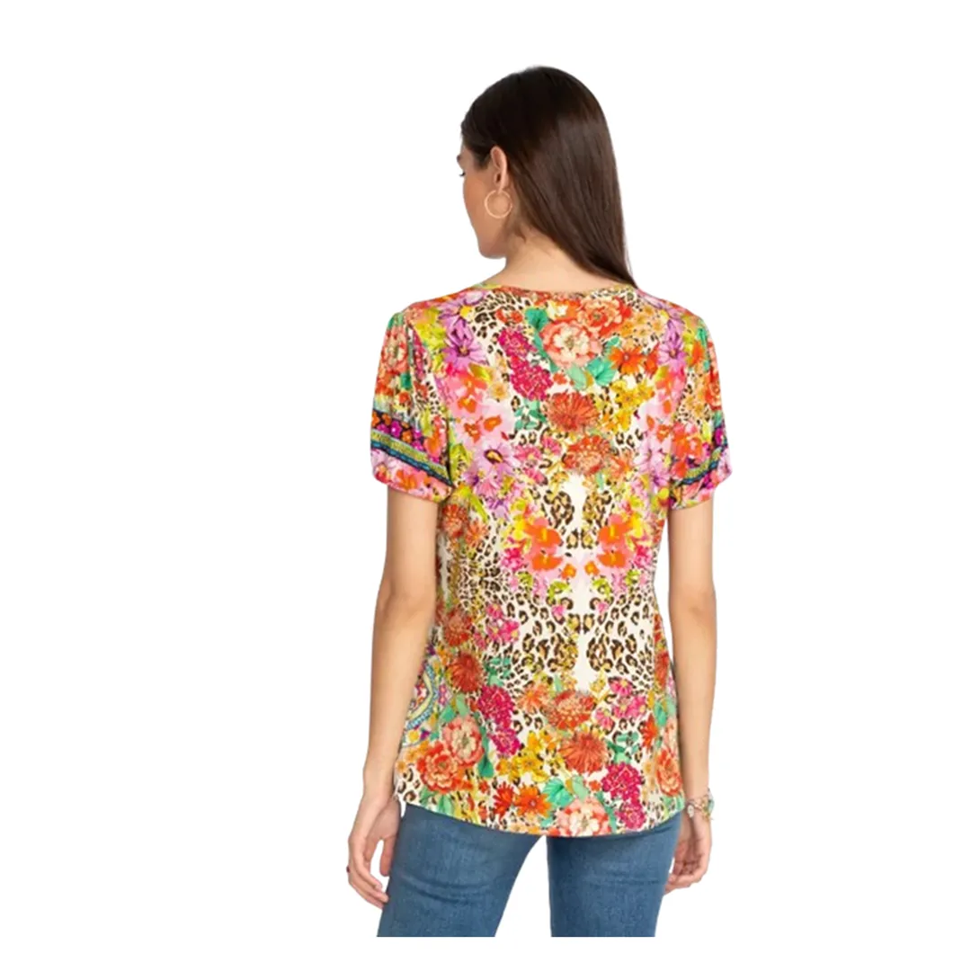 Johnny Was Wild Garden Puff Sleeve Floral Knit Flower Tee Shirt Top Red Pink Medium NEW