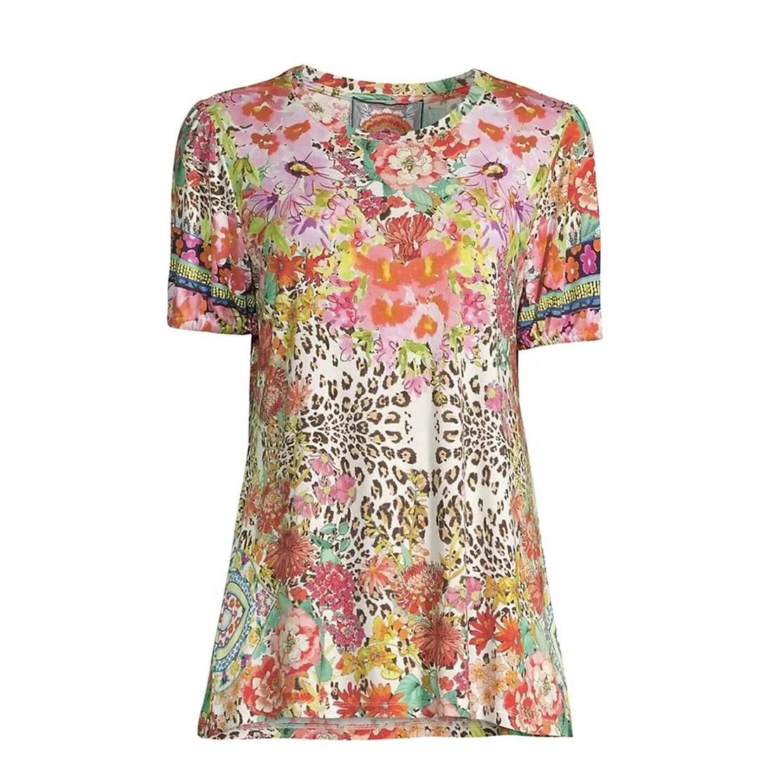 Johnny Was Wild Garden Puff Sleeve Floral Knit Flower Tee Shirt Top Red Pink Small NEW