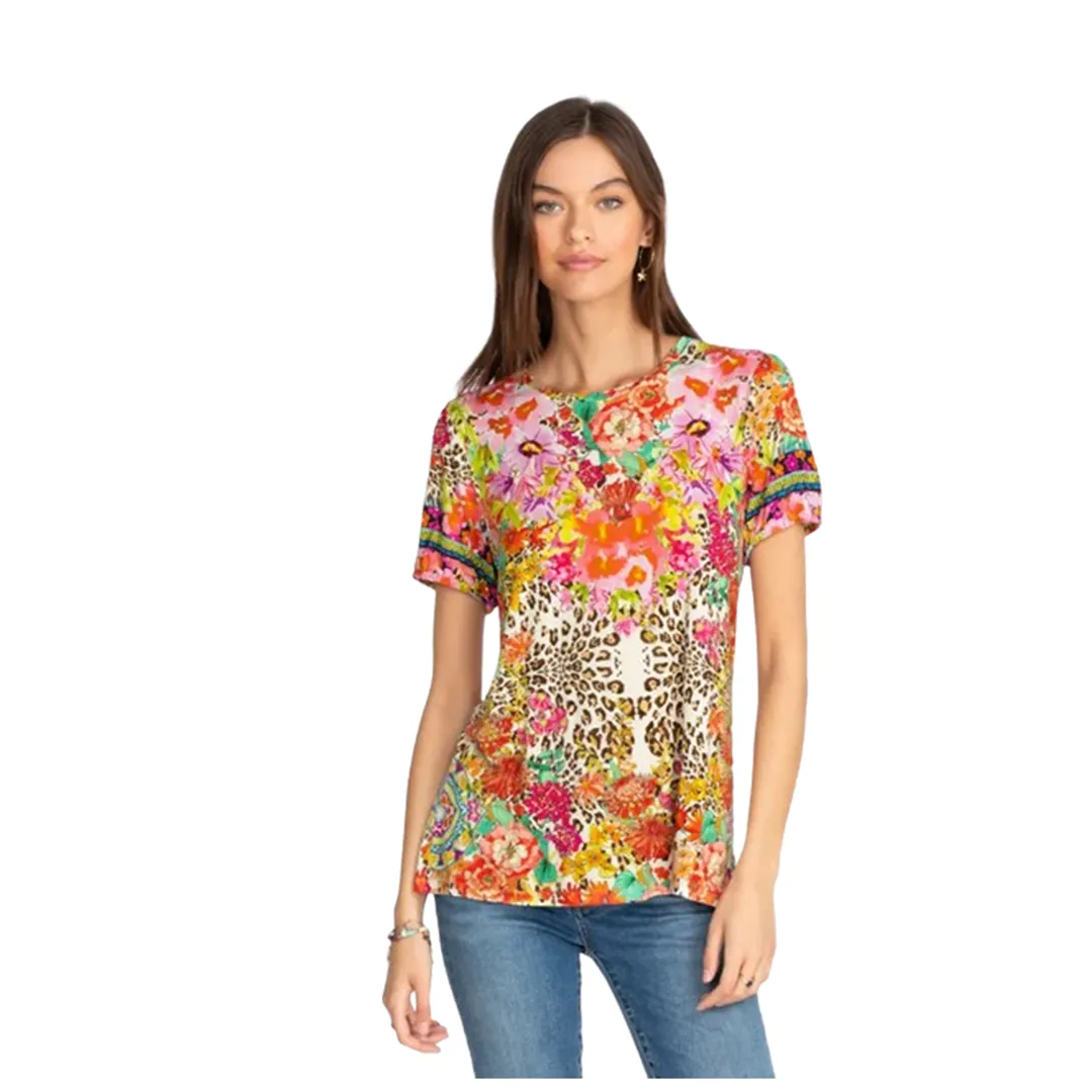 Johnny Was Wild Garden Puff Sleeve Floral Knit Flower Tee Shirt Top Red Pink Small NEW