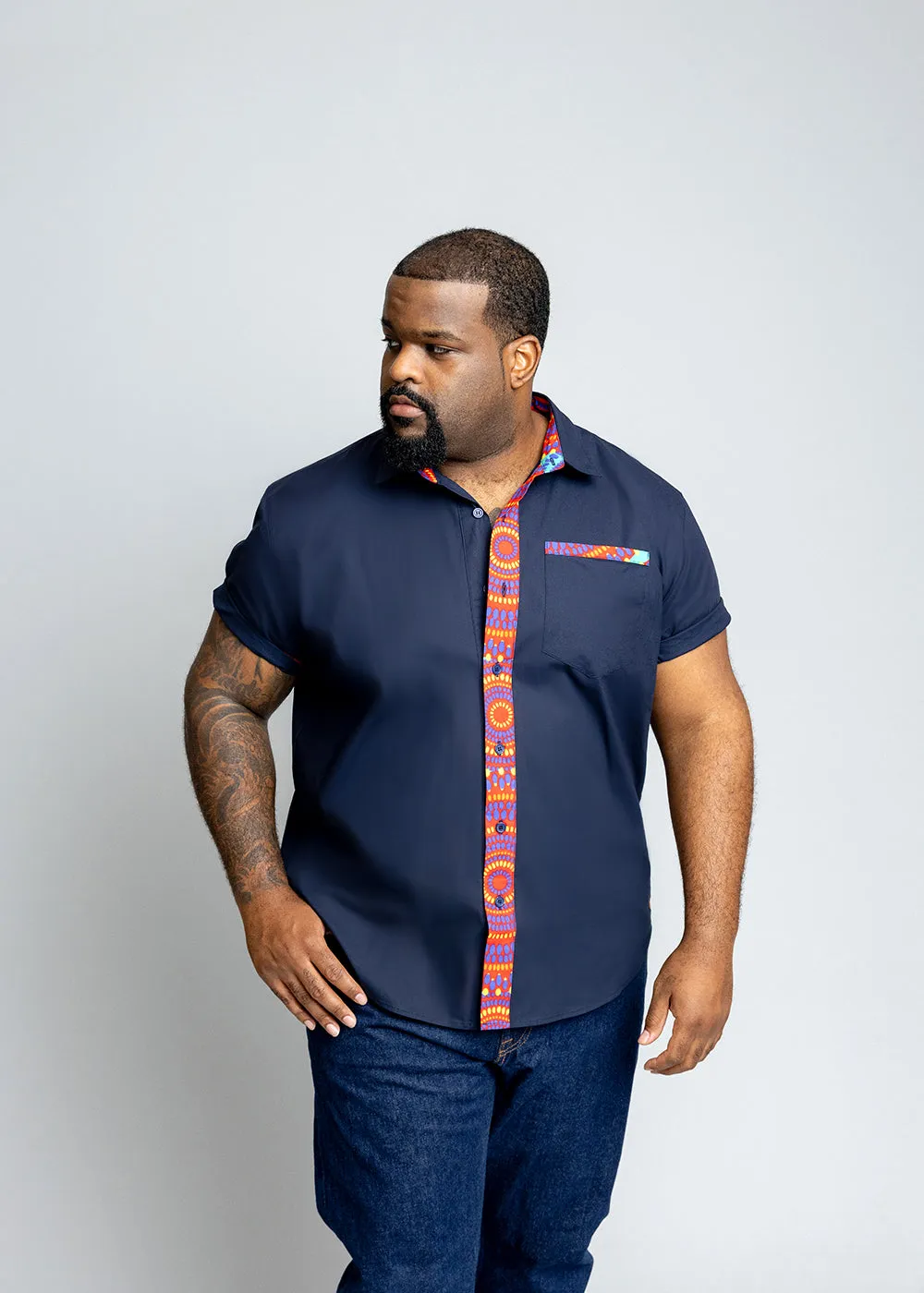 Kanai Men's African Print Color-Blocked Shirt (Navy/Turquoise Red Circles) - Clearance
