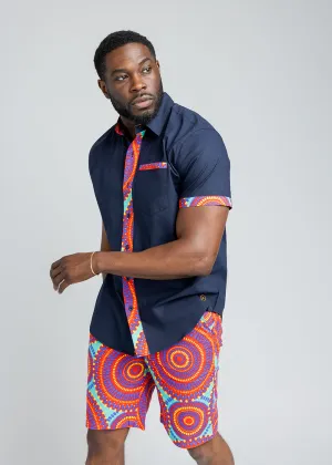 Kanai Men's African Print Color-Blocked Shirt (Navy/Turquoise Red Circles) - Clearance