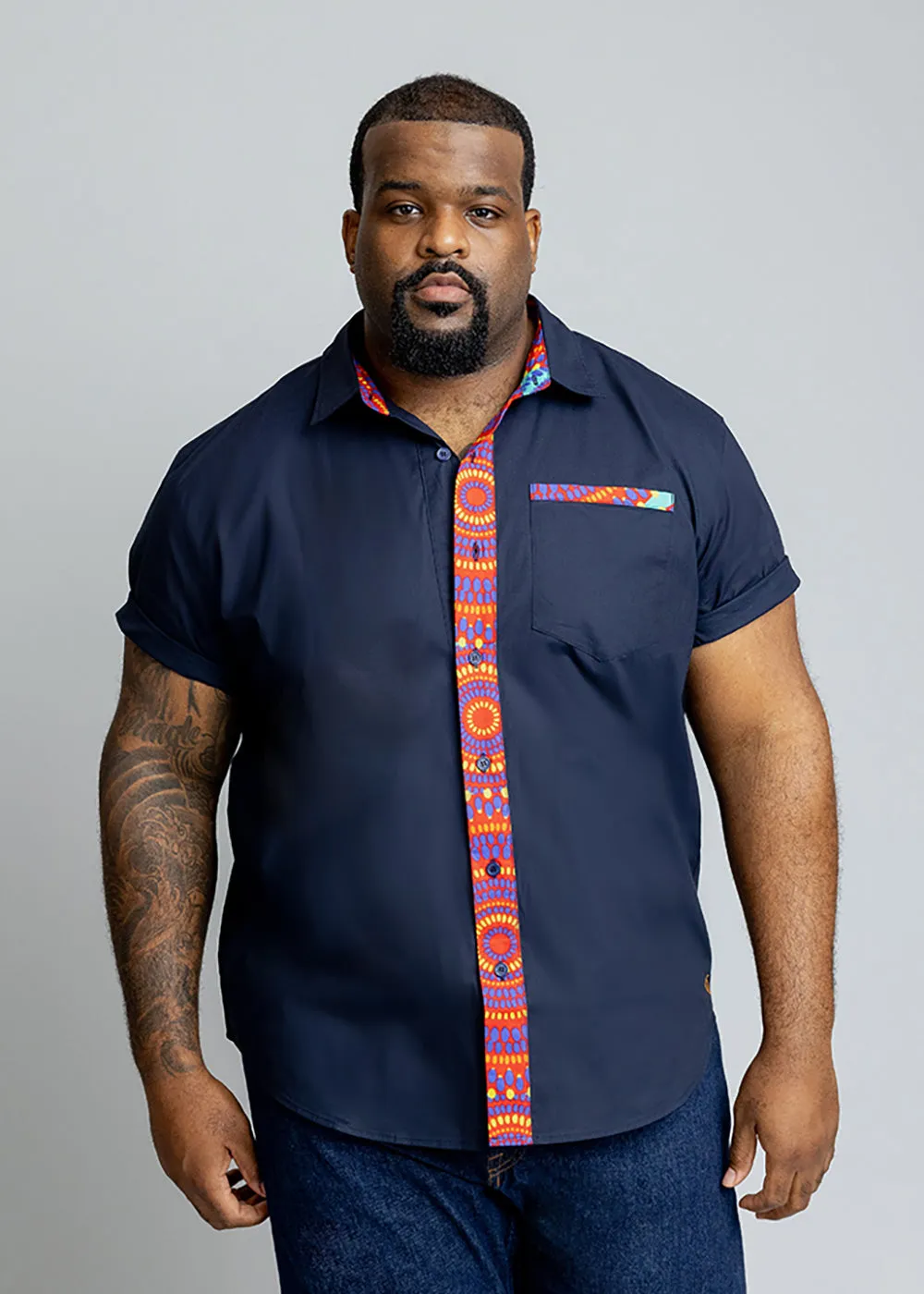 Kanai Men's African Print Color-Blocked Shirt (Navy/Turquoise Red Circles) - Clearance